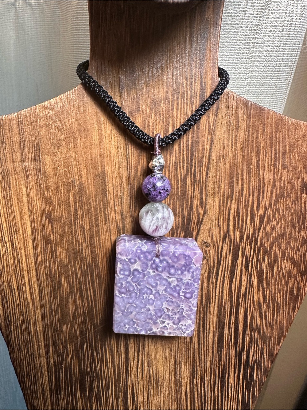 Grape Agate Pendant with Feather Fluorite and Chaorite on Black Adjustable Rope